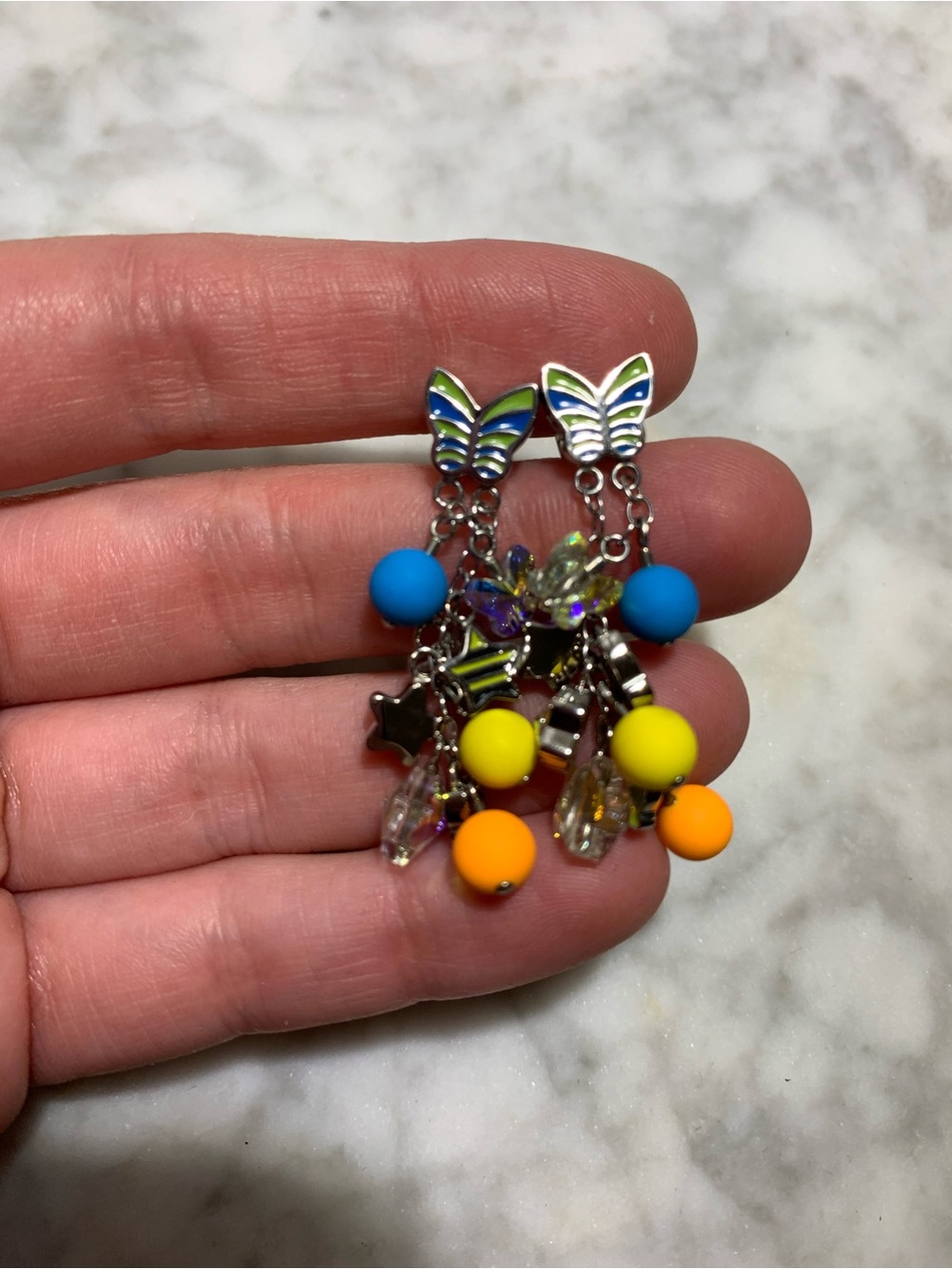 Swatch Multicolor Butterfly Dangle Earrings with Blue, Yellow & Orange Beads